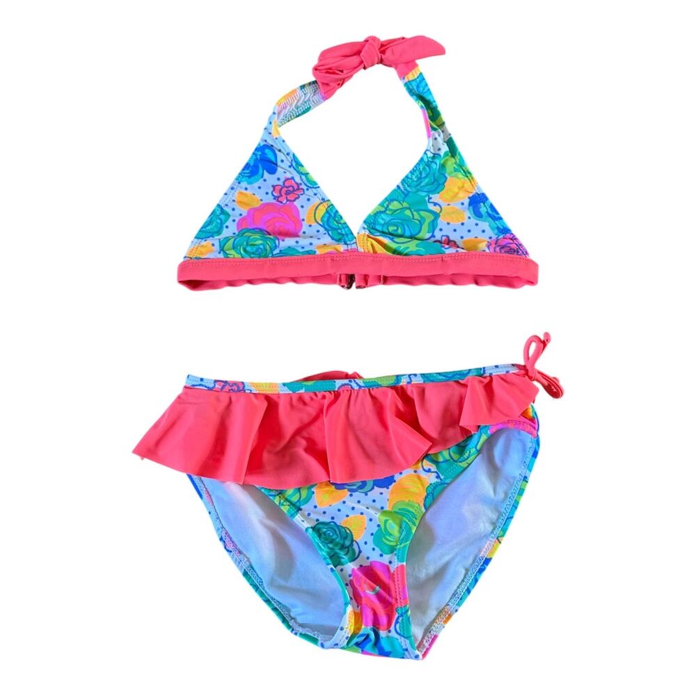 Girls 10 Breaking Waves Neon Colorful Floral Ruffle Halter Swim Bikini Set